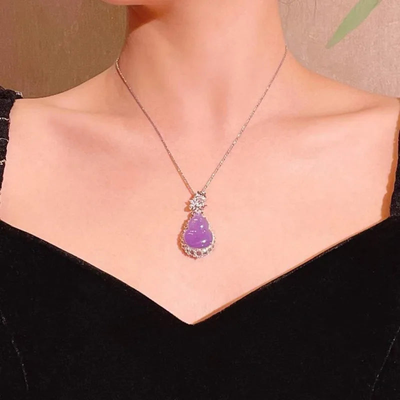 Estilo chinês Natural Calcedônia Clavícula Cadeia para Mulheres, Pingente Cabaça Violeta, Requintado e Colar Estéreo de Alta Qualidade