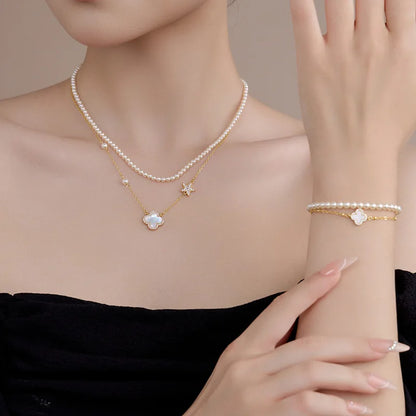 Colar de Trevo de Quatro Folhas em Madrepérola de Dupla Camada, Joia Empilhável de Design Simples e Luxuoso para Mulheres