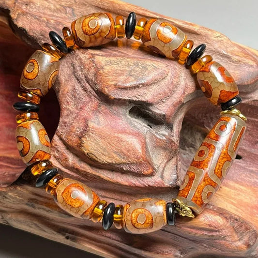 Pulseira de Contas Dzi Tibetanas Naturais, Contas de Oração de Ágata Calcedônia com Três e Nove Olhos, Joias Étnicas Retrô Unissex