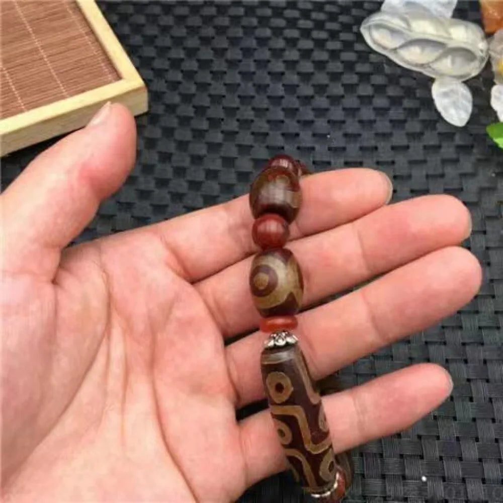 Pulseira de Contas Dzi Tibetanas de Nove e Três Olhos, Contas de Ágata Cornalina em Formato de Tambor, Unissex