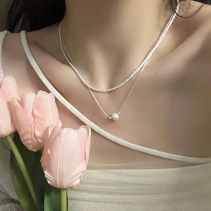 925 Sterling Silver Colar de Pérolas Dupla Camada Cadeia de Colavícula Pingente Versátil Jóias Da Moda Presentes de Ano Novo