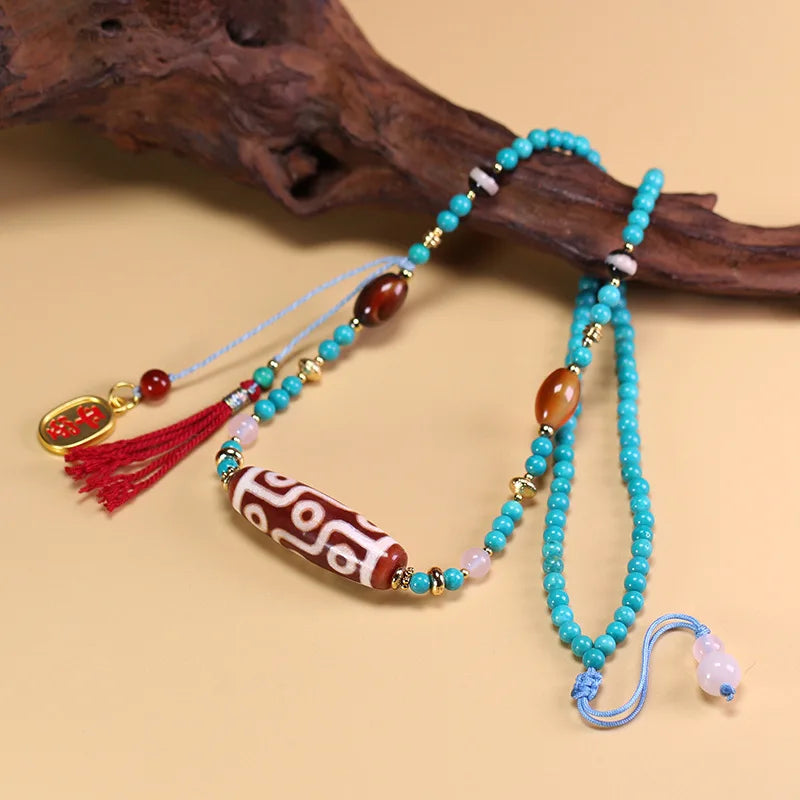 Colar de Turquesa com Pedra Natural Tibetana Genuína de Mina Antiga, Conta Dzi de Nove Olhos, aproximadamente 13x39mm