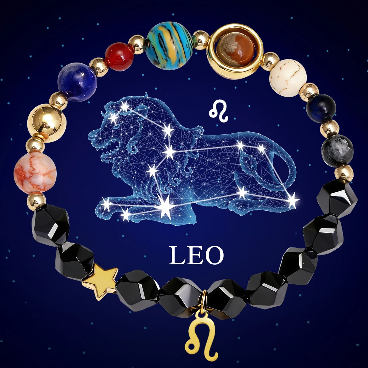 Pulseira do Sistema Solar com 12 Constelações, Pulseira de Pedra Natural, Pulseira de Pedra Preta, Design Planetário, Moda para Uso Diário