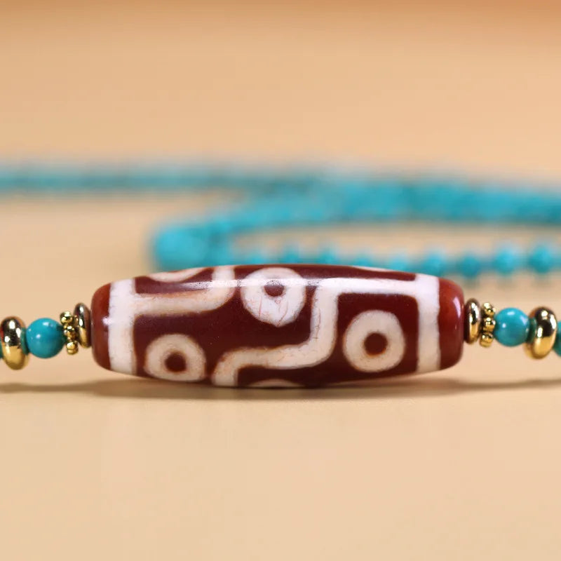 Colar de Turquesa com Pedra Natural Tibetana Genuína de Mina Antiga, Conta Dzi de Nove Olhos, aproximadamente 13x39mm
