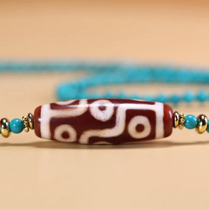 Colar de Turquesa com Pedra Natural Tibetana Genuína de Mina Antiga, Conta Dzi de Nove Olhos, aproximadamente 13x39mm