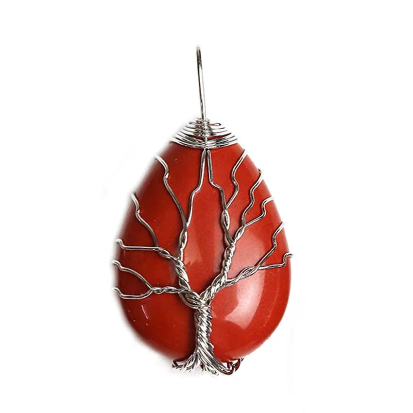 Pingente de Ágata com Cristais de Cura em Quartzo Rosa e Ametista Roxa Natural, com Design de Árvore da Vida e Gota de Água, Enrolado em Arame, Joia para Mulheres