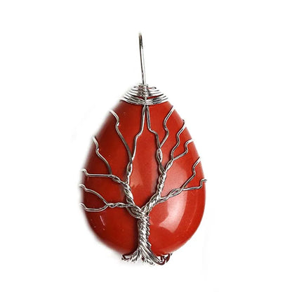 Pingente de Ágata com Cristais de Cura em Quartzo Rosa e Ametista Roxa Natural, com Design de Árvore da Vida e Gota de Água, Enrolado em Arame, Joia para Mulheres