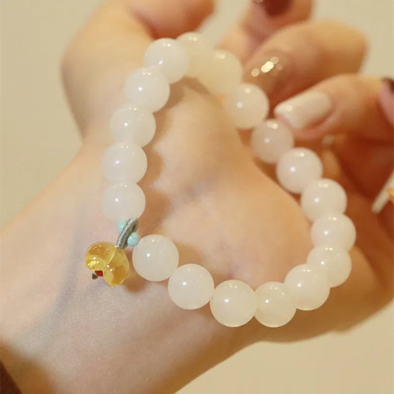 Pulseira de jade branco moda hetian jade10mm tamanho contas canela mão corda design presente pulseira para amigos e família