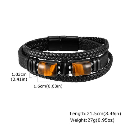 Pulseira de Couro Trançada Multicamadas Vnox para Homens, com Pérolas de Olho de Tigre e Lápis-Lazúli, Fecho Magnético, Joia Masculina Moderna para Presente