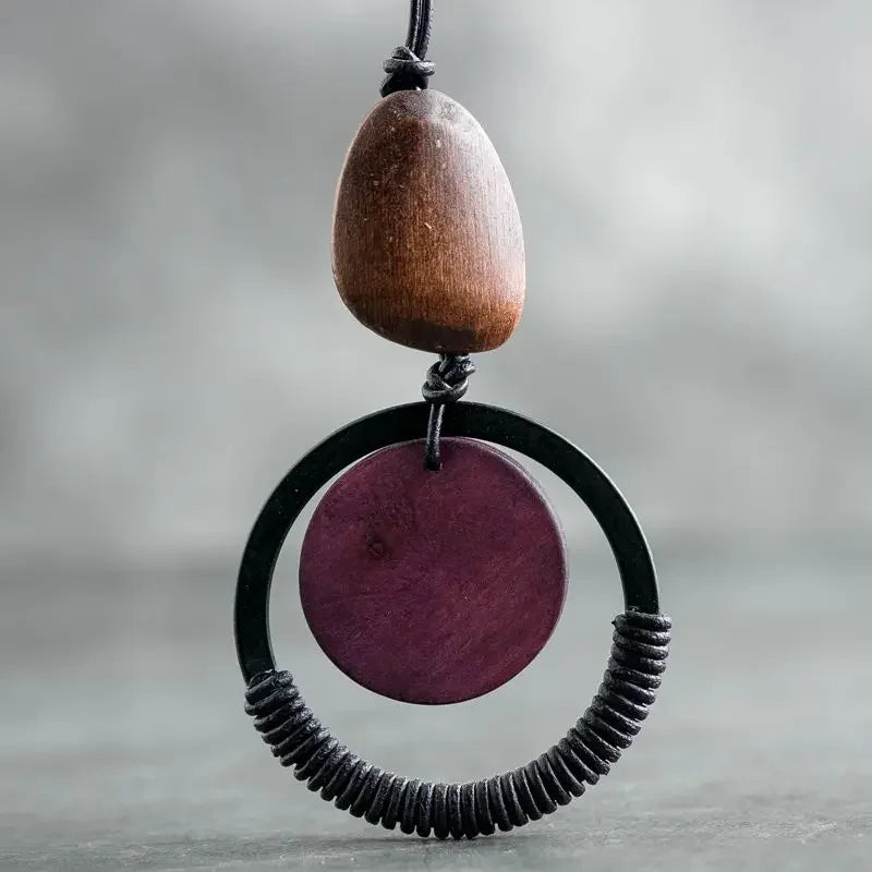 Colar longo com pingente de madeira para mulheres, vintage, boho, joias em camadas, presente exclusivo, feito à mão, retrô, peça de declaração diária