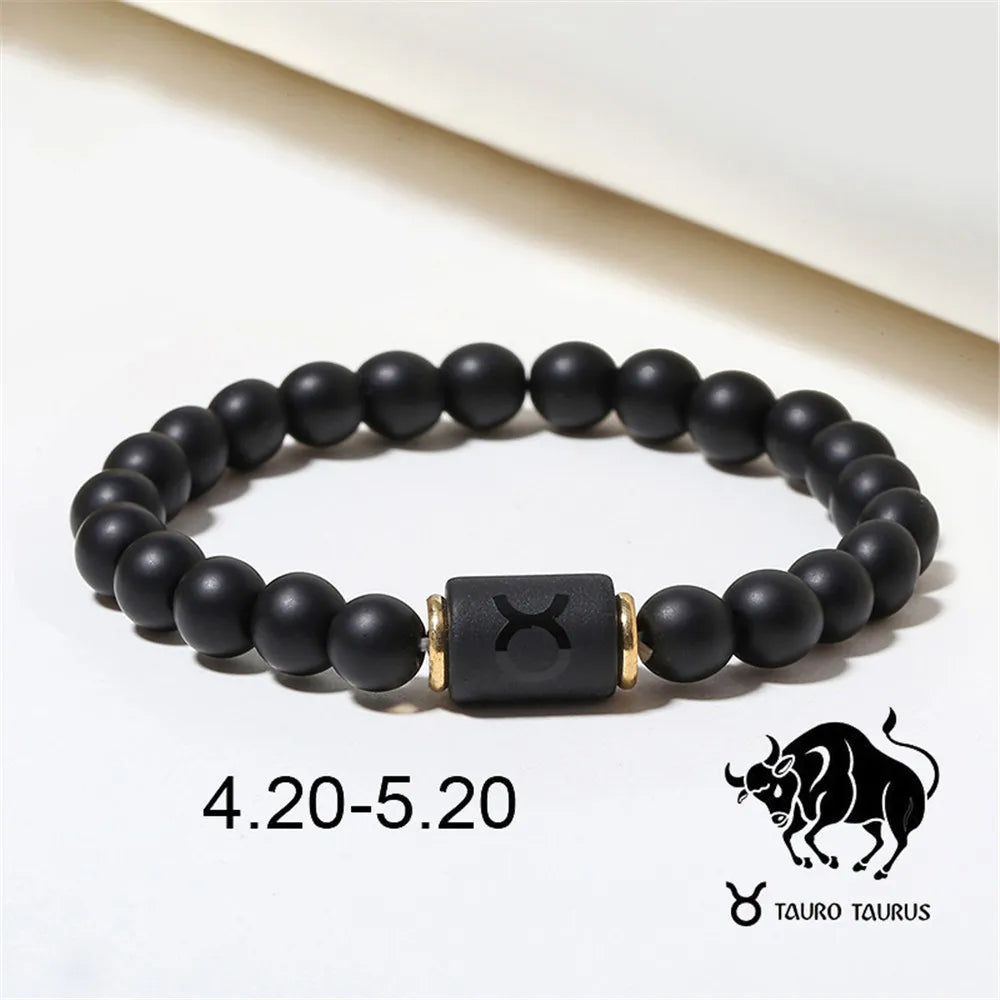Zodiac Frisado Pulseiras para Homens e Mulheres, 12 Constelações, Ágata Matte Preto, Corda Elástica, Contas Pulseira, Casal Jóias, Presentes