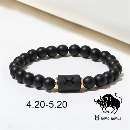 Zodiac Frisado Pulseiras para Homens e Mulheres, 12 Constelações, Ágata Matte Preto, Corda Elástica, Contas Pulseira, Casal Jóias, Presentes