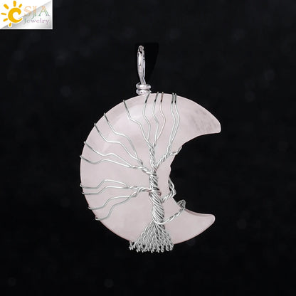 CSJA-Cristal Quartzo Rosa Natural Colar de Pingentes Mulher, Forma de Lua, Árvore da Vida, Pedra Natural, Pingentes Reiki, Jóias, G990