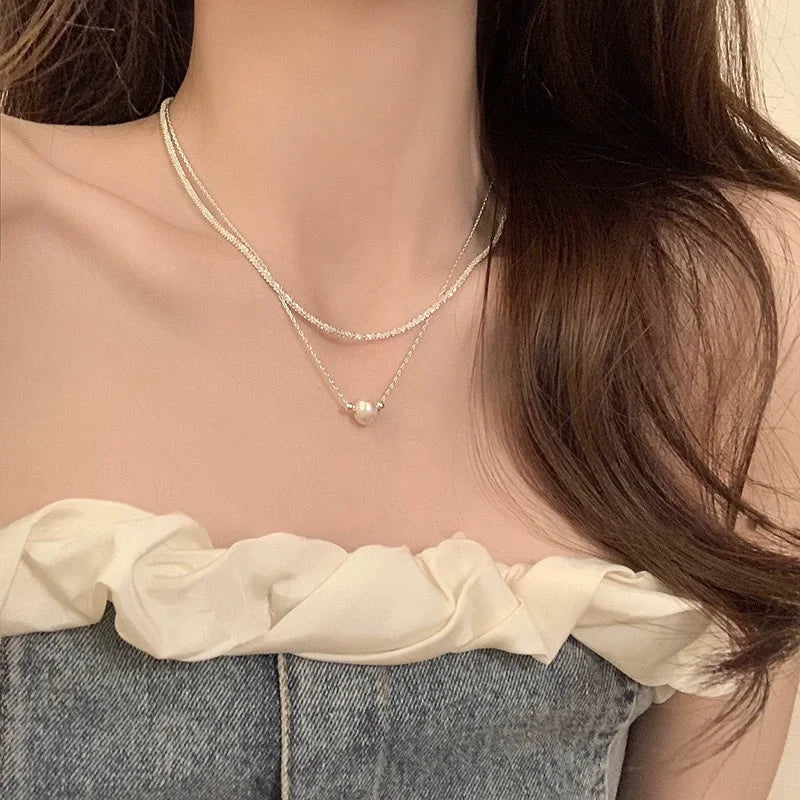 925 Sterling Silver Colar de Pérolas Dupla Camada Cadeia de Colavícula Pingente Versátil Jóias Da Moda Presentes de Ano Novo