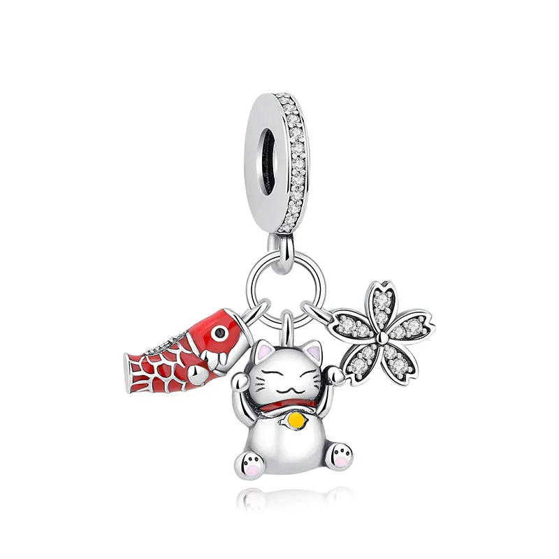 Charms Originais de Prata Esterlina 925, Pingente de Gato da Sorte, Boneca Japonesa, Presente de Ano Novo, Pulseiras e Colares para Mulheres, Joias