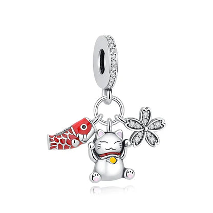 Charms Originais de Prata Esterlina 925, Pingente de Gato da Sorte, Boneca Japonesa, Presente de Ano Novo, Pulseiras e Colares para Mulheres, Joias