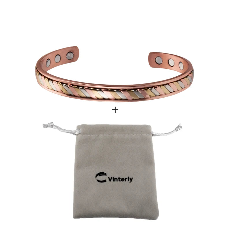 Vinterly-Pulseiras Magnéticas de Cobre para Mulheres, 8mm, Rosa Torcida, Ajustável, Ímãs de Energia Sanitária, Pulseiras Metálicas, Punho Redimensionável, Jóias