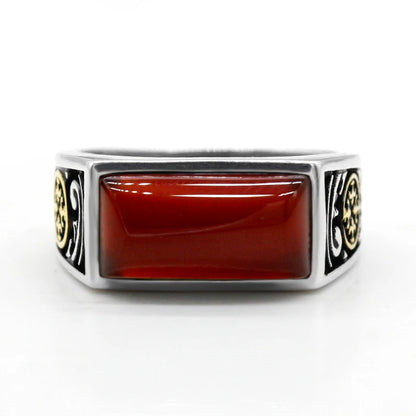 Novo Anel Masculino Retrô de Prata Esterlina 925 com Moeda Dourada e Ágata Vermelha Quadrada Curva, Joia de Moda Turca e do Oriente Médio