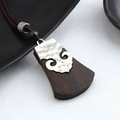 Colar longo com pingente de madeira de ébano, estilo chinês, feito à mão, com design retro, para mulheres, ideal para usar com blusas de tricô, com cordão encerado, joia de estilo étnico boho, para uso diário.