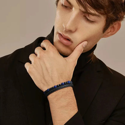 Pulseira de Couro Trançada Multicamadas Vnox para Homens, com Pérolas de Olho de Tigre e Lápis-Lazúli, Fecho Magnético, Joia Masculina Moderna para Presente