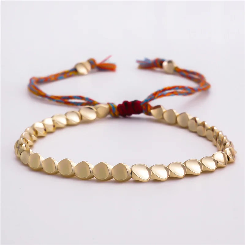 Pulseiras Budistas Tibetanas Feitas à Mão para Mulheres, Pulseira de Corda com Contas de Cobre Irregulares e Amuletos para Mulheres