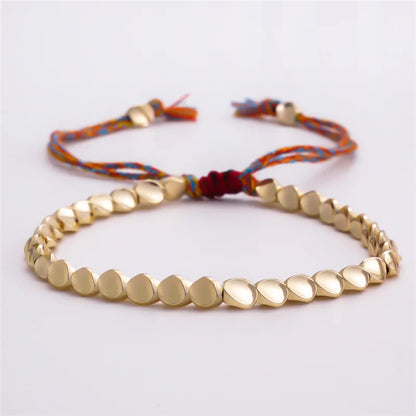Pulseiras Budistas Tibetanas Feitas à Mão para Mulheres, Pulseira de Corda com Contas de Cobre Irregulares e Amuletos para Mulheres