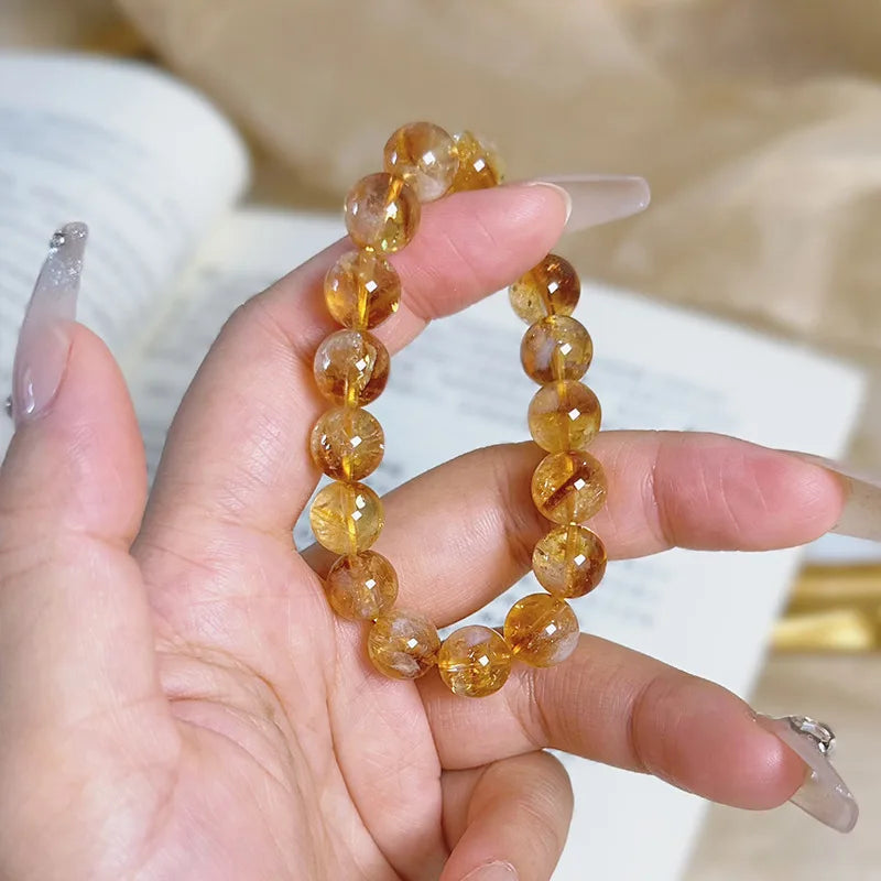 Pulseira de Quartzo Rutilado Dourado Natural, Pulseira de Cristal Amarelo Brasileiro com Contas, Amuleto da Riqueza, Joia da Moda para Homens e Mulheres