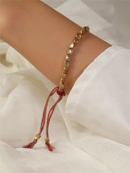Pulseiras Budistas Tibetanas Feitas à Mão para Mulheres, Pulseira de Corda com Contas de Cobre Irregulares e Amuletos para Mulheres