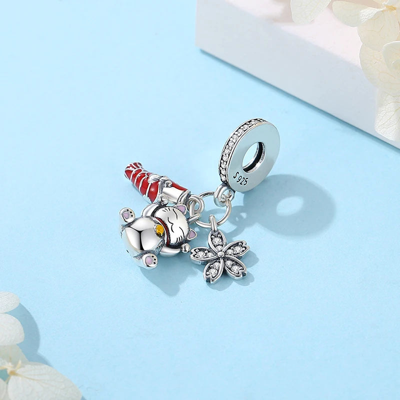 Charms Originais de Prata Esterlina 925, Pingente de Gato da Sorte, Boneca Japonesa, Presente de Ano Novo, Pulseiras e Colares para Mulheres, Joias