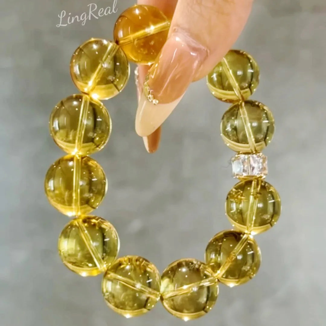 Pulseira de Quartzo Rutilado Dourado Natural, Pulseira de Cristal Amarelo Brasileiro com Contas, Amuleto da Riqueza, Joia da Moda para Homens e Mulheres