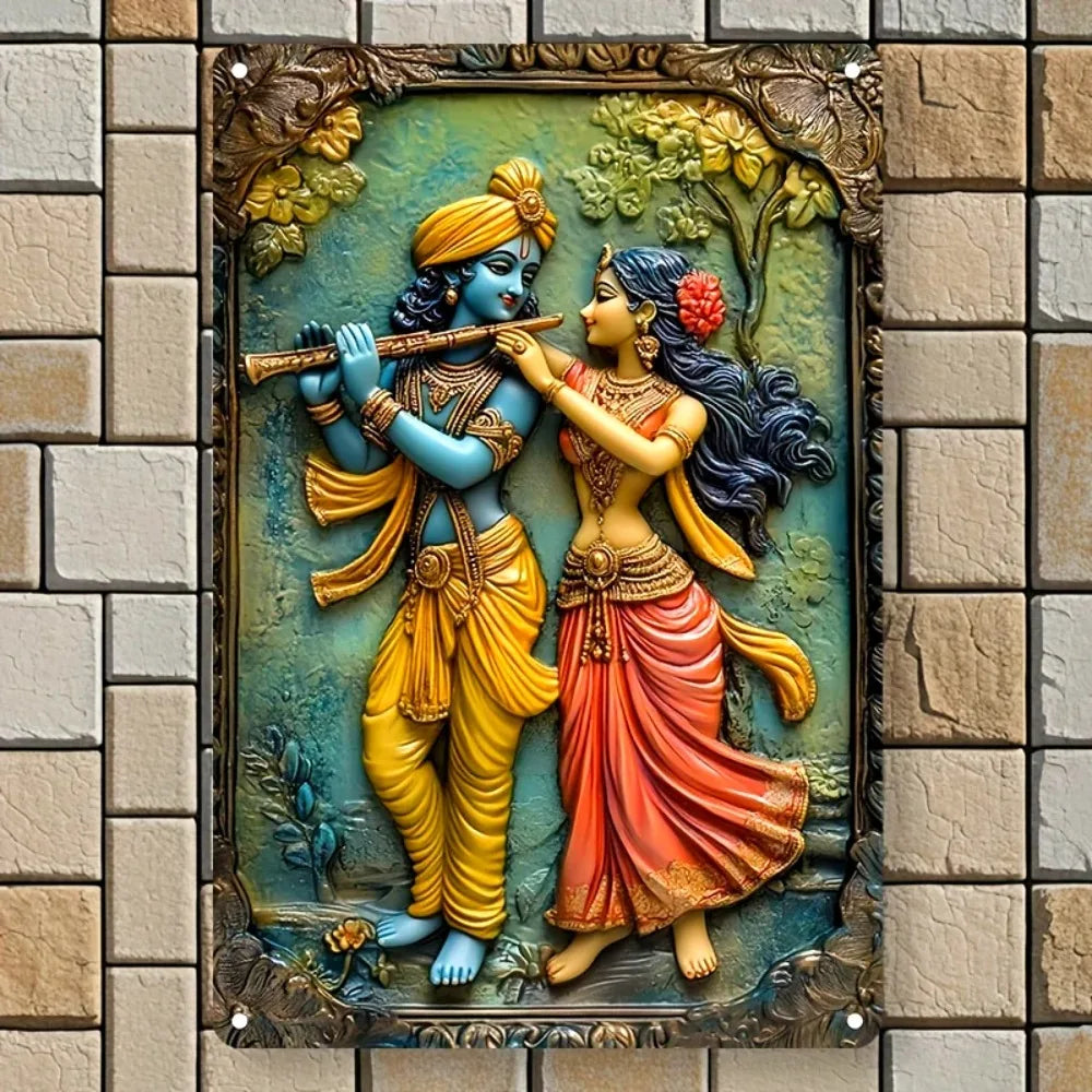 Cuadro Krishna y Radha: Impresión Vertical. Impresión decorativa plana con efecto visual de profundidad.