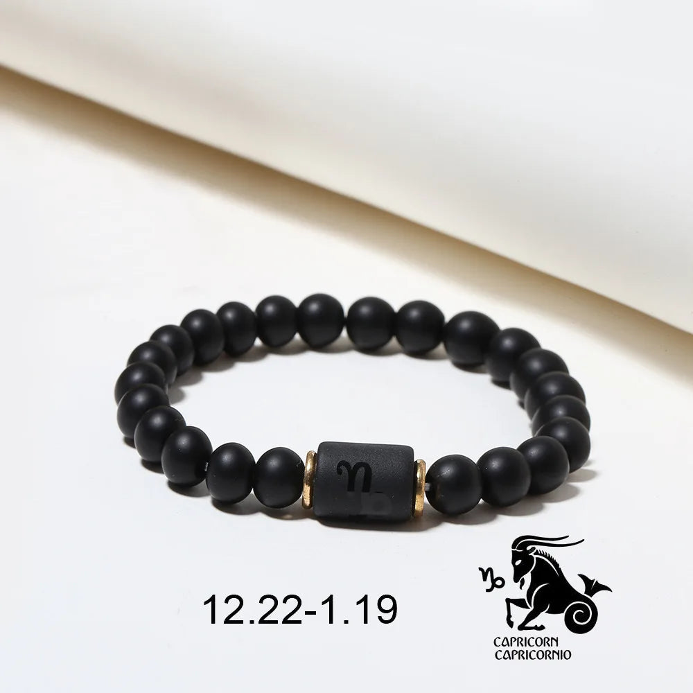 Zodiac Frisado Pulseiras para Homens e Mulheres, 12 Constelações, Ágata Matte Preto, Corda Elástica, Contas Pulseira, Casal Jóias, Presentes