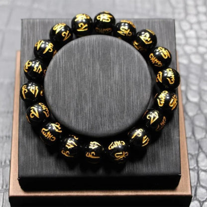 Budismo tibetano seis palavras mantra pulseiras para homens mulheres preto obsidiana amuleto sorte pulseiras jóias com caixa de presente