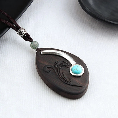 Colar longo com pingente de madeira de ébano, estilo chinês, feito à mão, com design retro, para mulheres, ideal para usar com blusas de tricô, com cordão encerado, joia de estilo étnico boho, para uso diário.