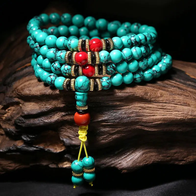 Pulseira turquesa natural mala contas 108 colar suéter corrente verde turquesa pedra multicamadas borla charme pulseiras pulseiras