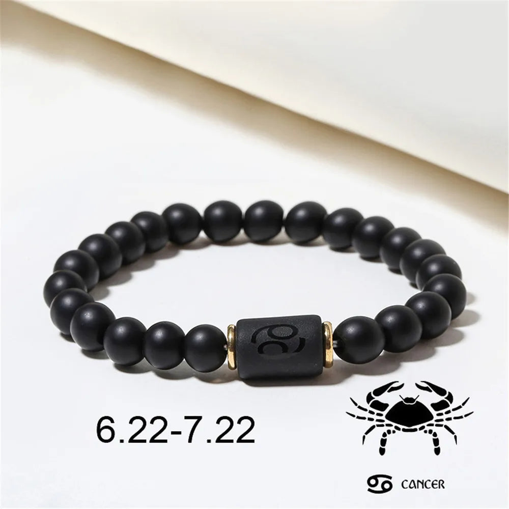 Zodiac Frisado Pulseiras para Homens e Mulheres, 12 Constelações, Ágata Matte Preto, Corda Elástica, Contas Pulseira, Casal Jóias, Presentes