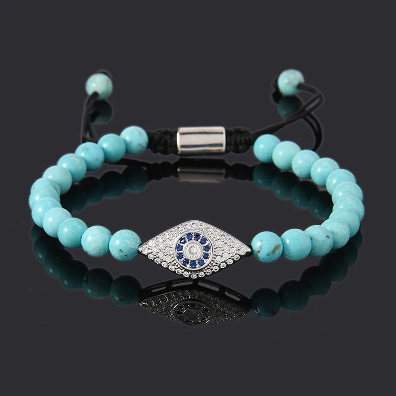 Luxo natural turquesa contas mau olhado encantos homem pulseira para mulher artesanal jóias presente