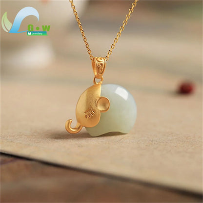 Colar de pingente de elefante de jade cinza Hetian, feito à mão, luxuoso, joias finas femininas, presente para casamento, uso diário, aniversário