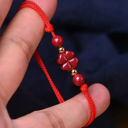 Cinábrio sorte trevo de quatro folhas corda vermelha frisado pulseiras para mulheres homens artesanal trançado vermelho preto corda sorte pulseira jóias