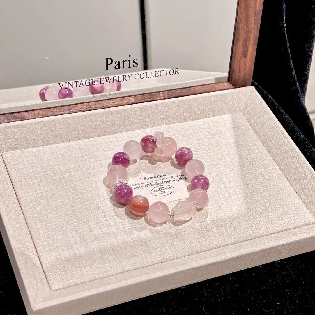 Pulseira de Cristal Natural com Quartzo Morango, Quartzo Rosa e Quartzo Branco em Formato de Cubo de Açúcar, Pulseira de Cristal de Nicho, Presente para Mulheres 2026