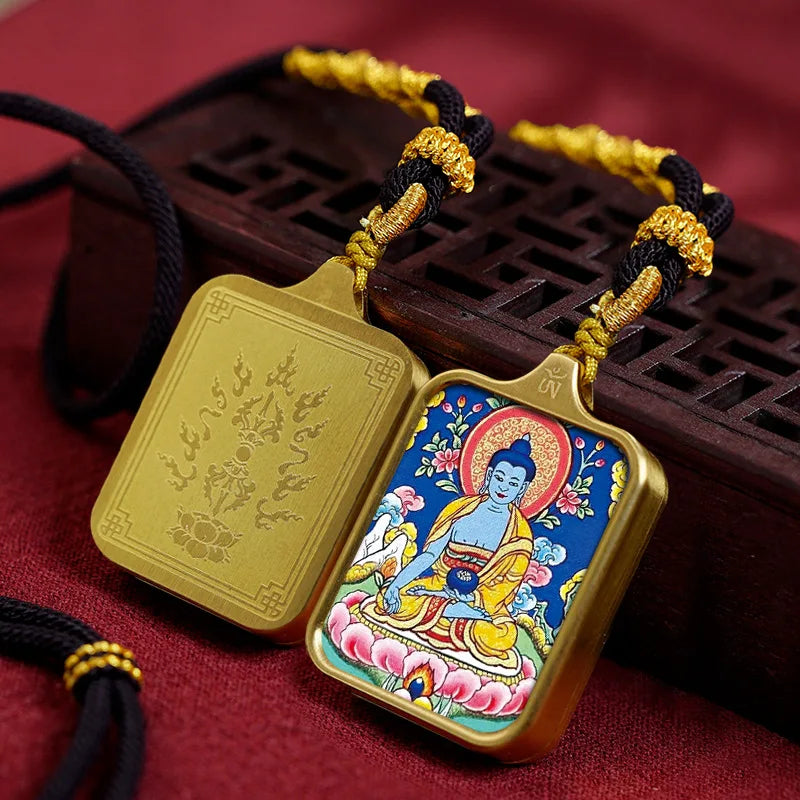 Vintage titânio aço thangka pingentes estilo tibetano zhakiram amarelo deus da riqueza colar talismã masculino e feminino
