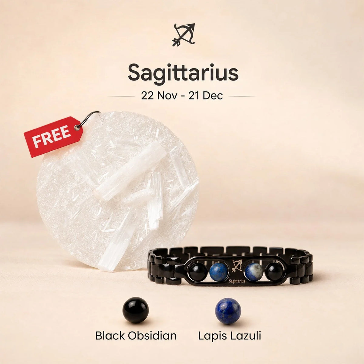 Sagittarius Zodiac Metal Bracelet with Free Raw Selenite Plate