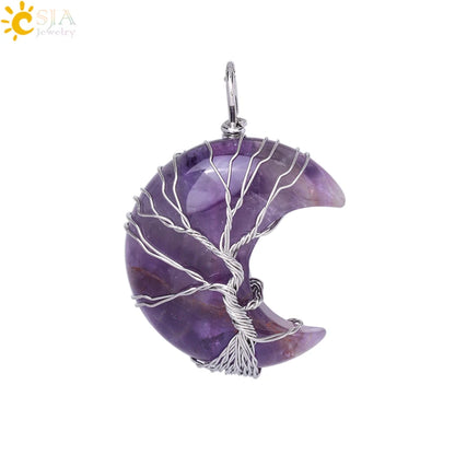 CSJA-Cristal Quartzo Rosa Natural Colar de Pingentes Mulher, Forma de Lua, Árvore da Vida, Pedra Natural, Pingentes Reiki, Jóias, G990