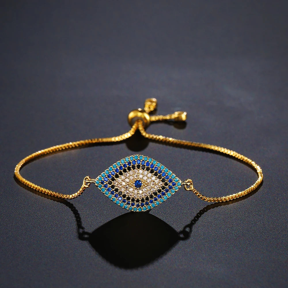 Mafisar 2026 Pulseira Olho Grego Turca Dourada da Moda Ajustável com Zircônias AAA Cravejadas Joia Feminina para Festas e Presentes