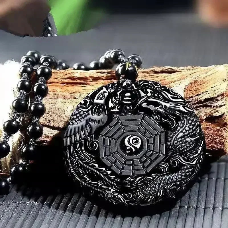 Colar com pingente de fofoca de obsidiana, escultura em forma de dragão e fênix, amuleto da sorte, joias de pérola mantra de seis caracteres