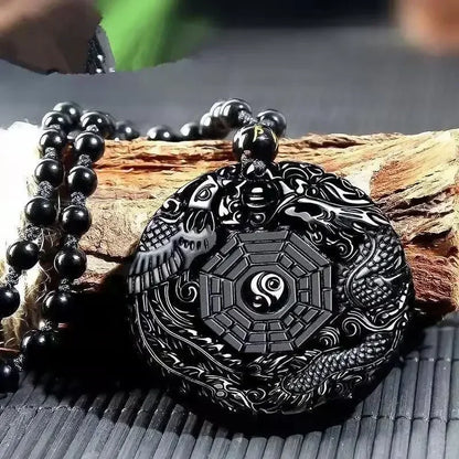Colar com pingente de fofoca de obsidiana, escultura em forma de dragão e fênix, amuleto da sorte, joias de pérola mantra de seis caracteres