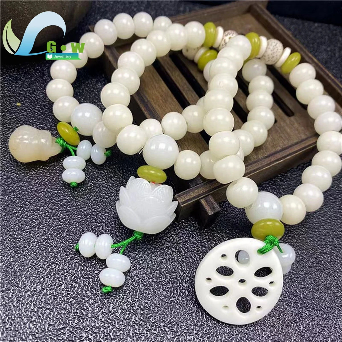 Pulseira Budista de Sementes Bodhi de Jade Branco Natural Ajustável com Contas de Lótus, Joia de Meditação Zen, Presente Artesanal Espiritual para Homens e Mulheres