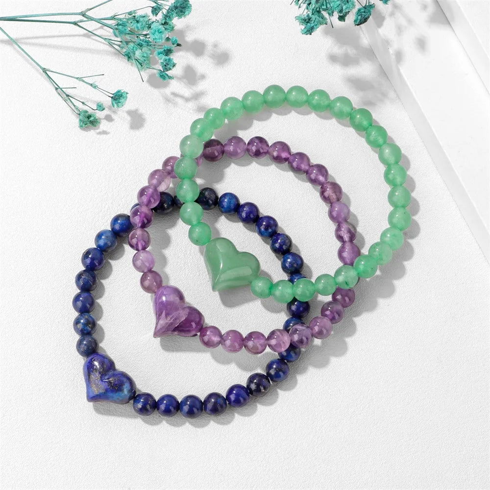 Pulseira de Contas de Ametista Natural de 6mm com Contas de Quartzo Rosa em Formato de Coração, Pulseira da Moda para Mulheres, Joia de Energia Curativa, Presente
