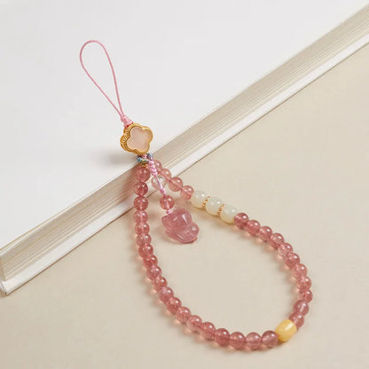 Pingente de Raposa em Quartzo Morango Natural Estilo Chinês com Cordão para Celular, Alça de Pulso em Jade Hetian e Âmbar, Decoração para Boa Sorte e Bênção