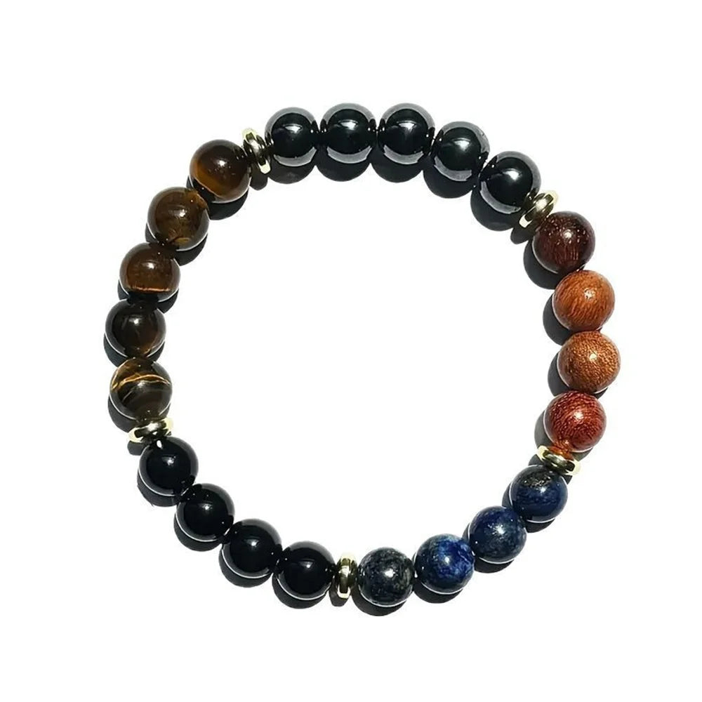 Pulsera de ojo de tigre, lapislázuli y madera